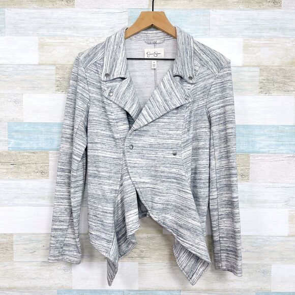 Jessica Simpson Asymmetric Cascade Knit Moto Blazer Jacket Gray Womens Medium - Picture 1 of 8
